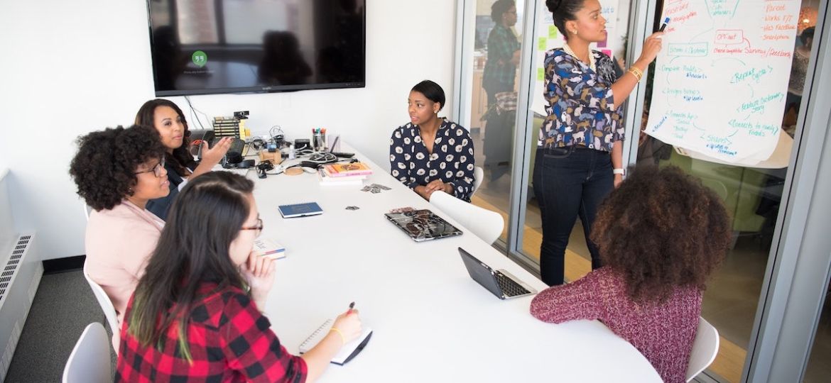 A group of managers brainstorm a recruitment marketing plan for the upcoming year.