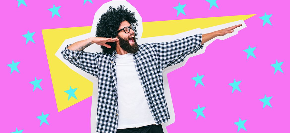 Person posing on a purple star background