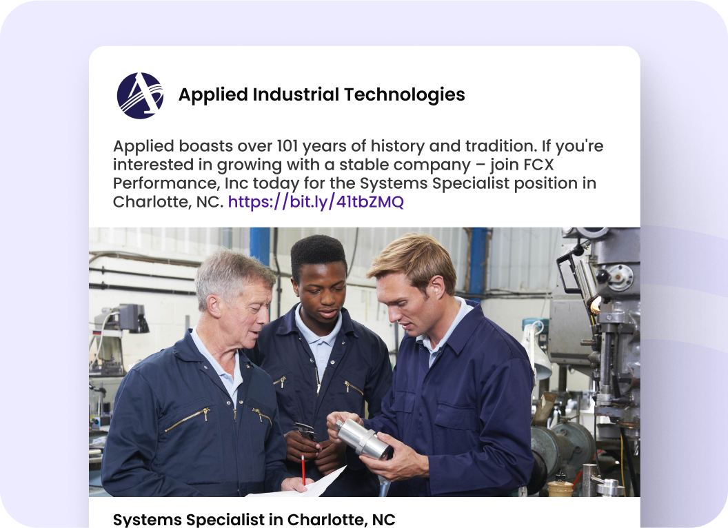 Applied Industrial Technologies posts with HireSocial Applied Industrial Technologies branded job post featuring a Systems Specialist role in Charlotte, NC, demonstrating HireSocial’s automated social recruiting.