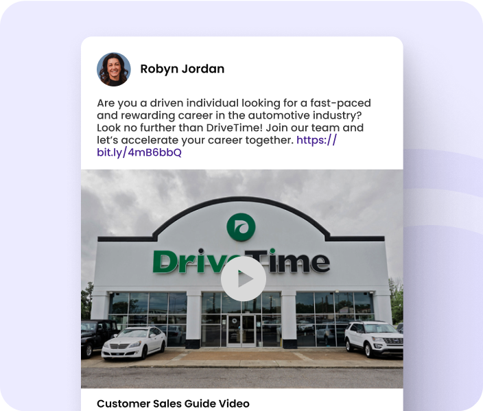 DriveTime drives consistent recruiting success with HireSocial automation DriveTime social recruiting post showcasing video content for job opportunities, demonstrating HireSocial’s automation and social recruiting leadership.