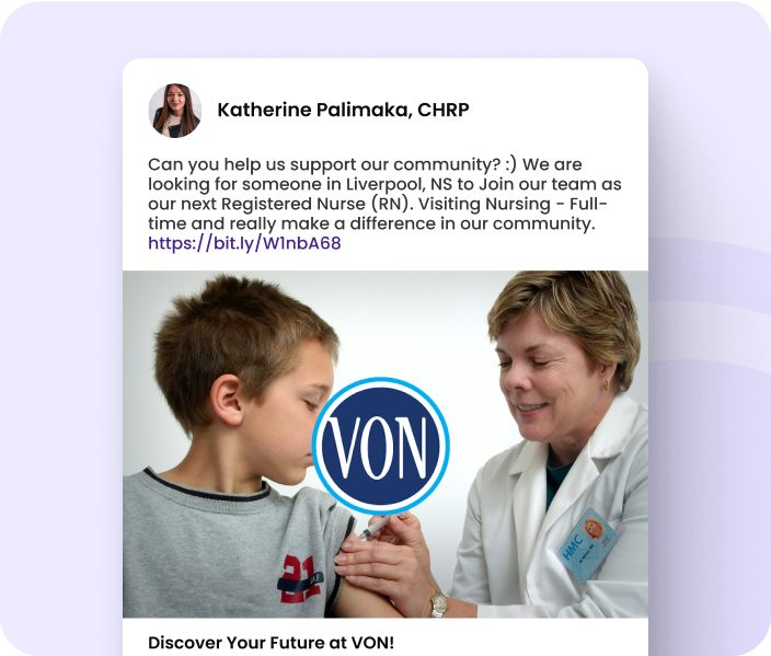 VON Canada attracts qualified healthcare candidates with HireSocial VON Canada social recruiting post highlighting healthcare job opportunities and employer branding through HireSocial automation.