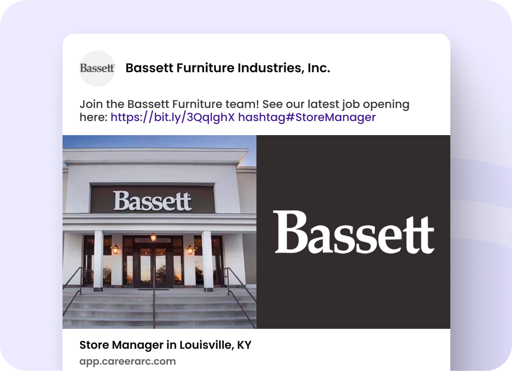 Bassett Furniture hiring success with HireSocial by CareerArc Bassett Furniture Industries testimonial on CareerArc HireSocial achieving over 7,000 automated job posts and year-over-year growth in impressions, engagement, and job clicks