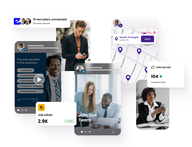 Activate your financial services talent network. Hero image that shows examples of CareerArc enabled social posts for open financial services jobs.