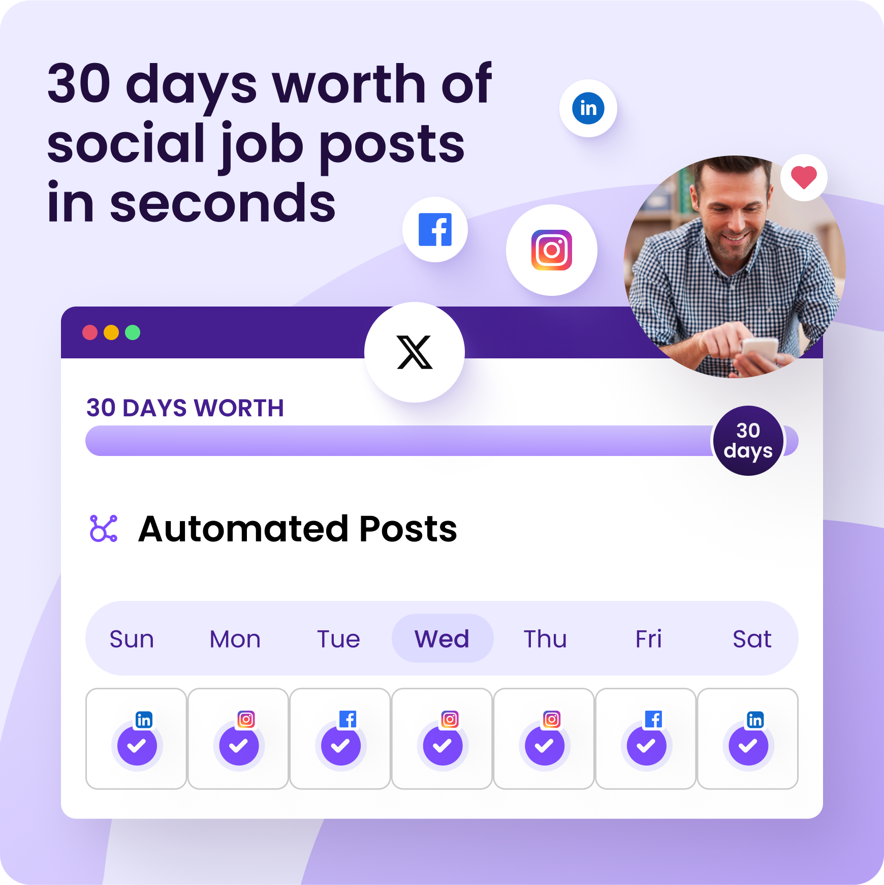 30 days of social job posts in seconds Automated recruiting platform generates 30 days of branded social job posts in seconds for Facebook, LinkedIn, Instagram, and X