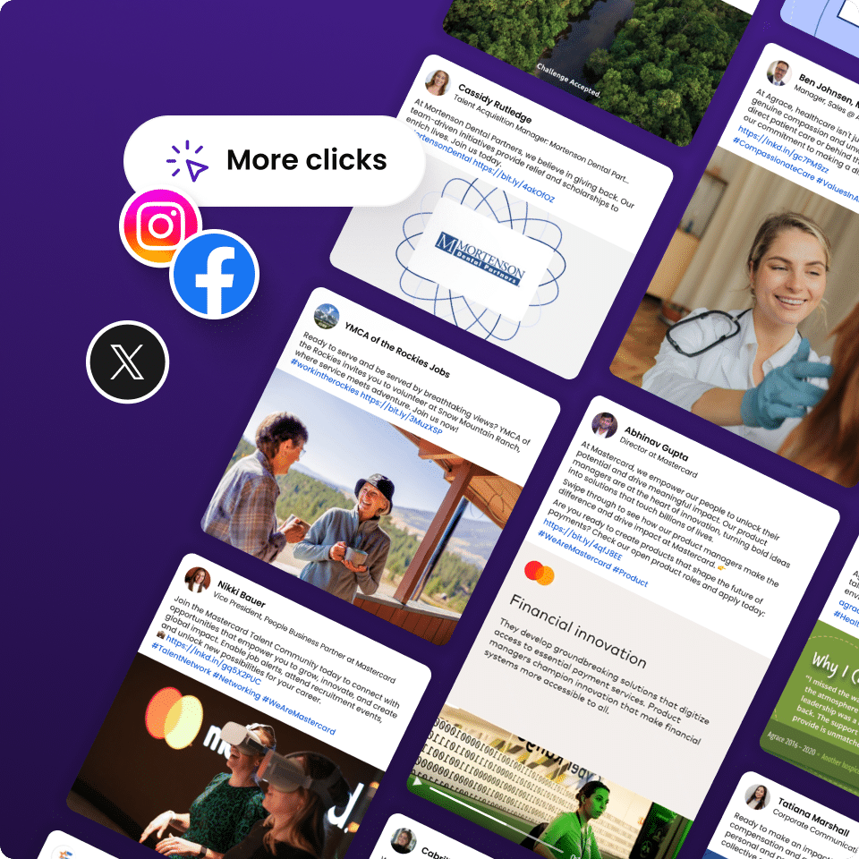 Employer Branding Social Media Strategy for Talent Attraction Social media posts showcasing employer branding content on platforms like Instagram, Facebook, and X to attract job candidates and increase employer brand visibility