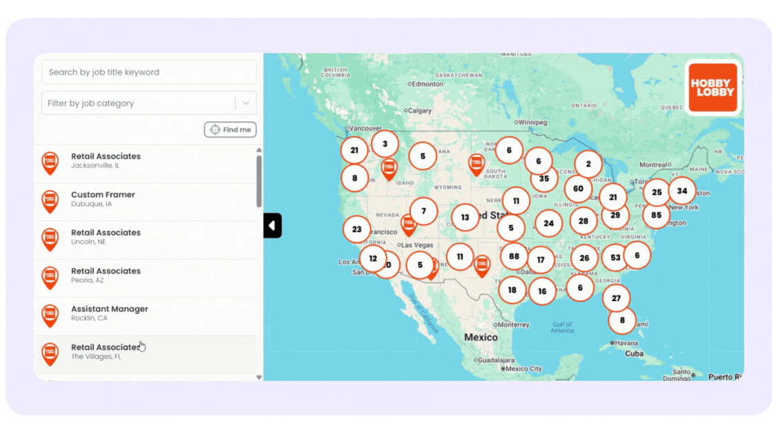 Hobby Lobby job map powered by CareerArc Hobby Lobby job map showing open roles plotted on a geographic map, demonstrating CareerArc’s Job Map feature and its ability to drive over 59,000 job clicks.