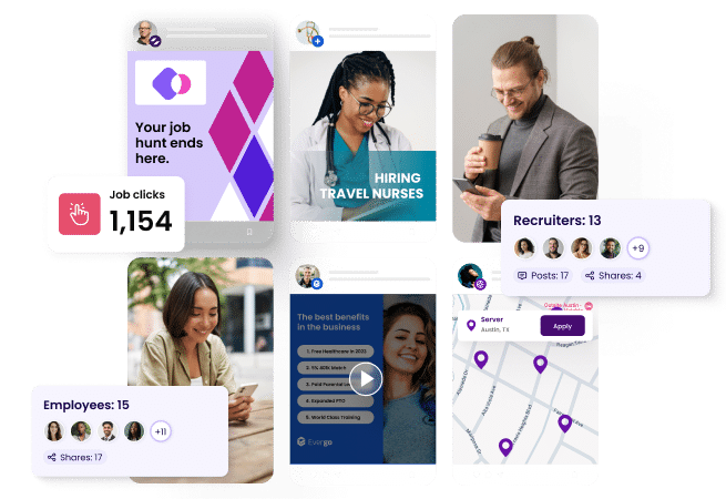 social feed examples showing job synced, job clicks, profiles connected, and other CareerArc capabilities. Decorative home hero image.