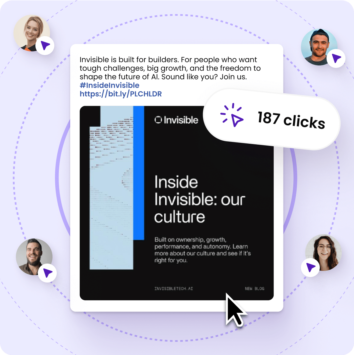 Track employer brand performance and clicks across every channel Employer brand analytics dashboard showing social media post performance with click tracking and engagement metrics across multiple profiles