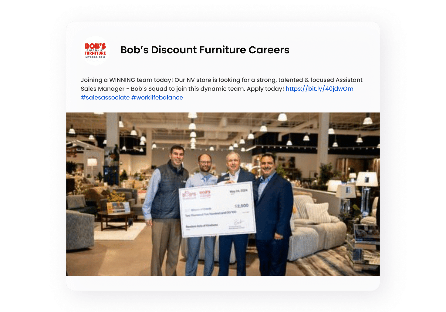 Image of a social post with the Bob's Discount furniture testimonial quote