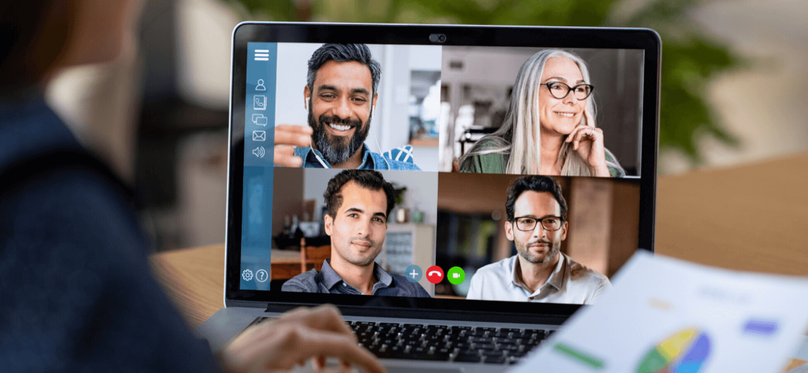 Four business people on a Zoom video conference call