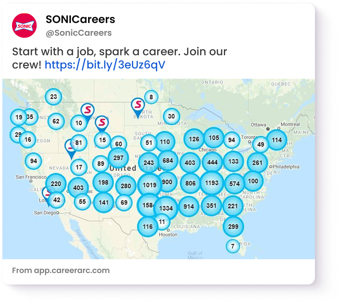 SONICareers post that shows the open positions across the country with a Job Map from CareerArc.