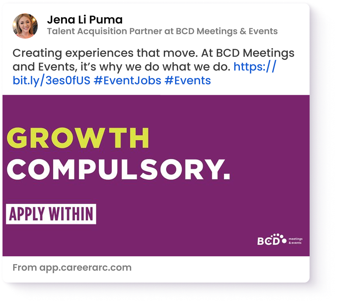 Social post from Jena Li Puma highlighting open positions for BCD
