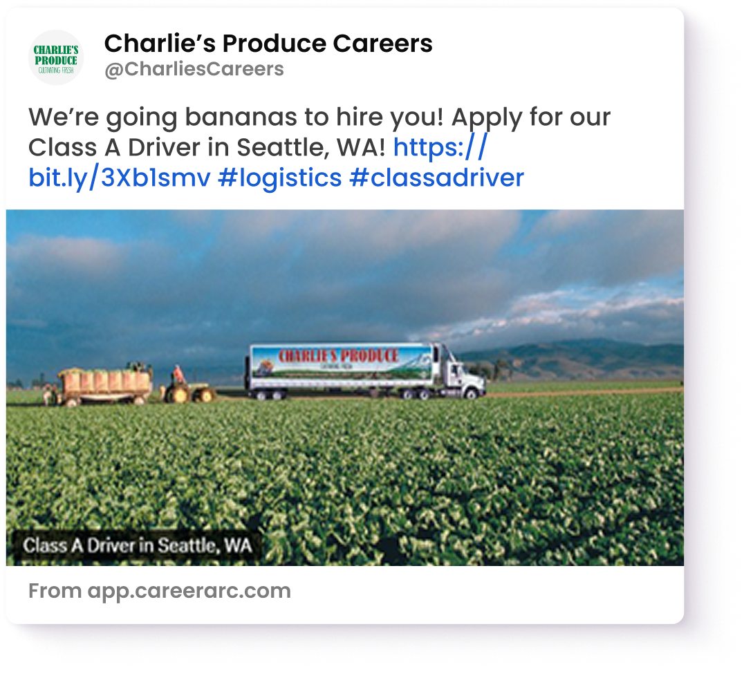 A post from Charlie's Produce Careers with the caption "we're going bananas to hire you!"