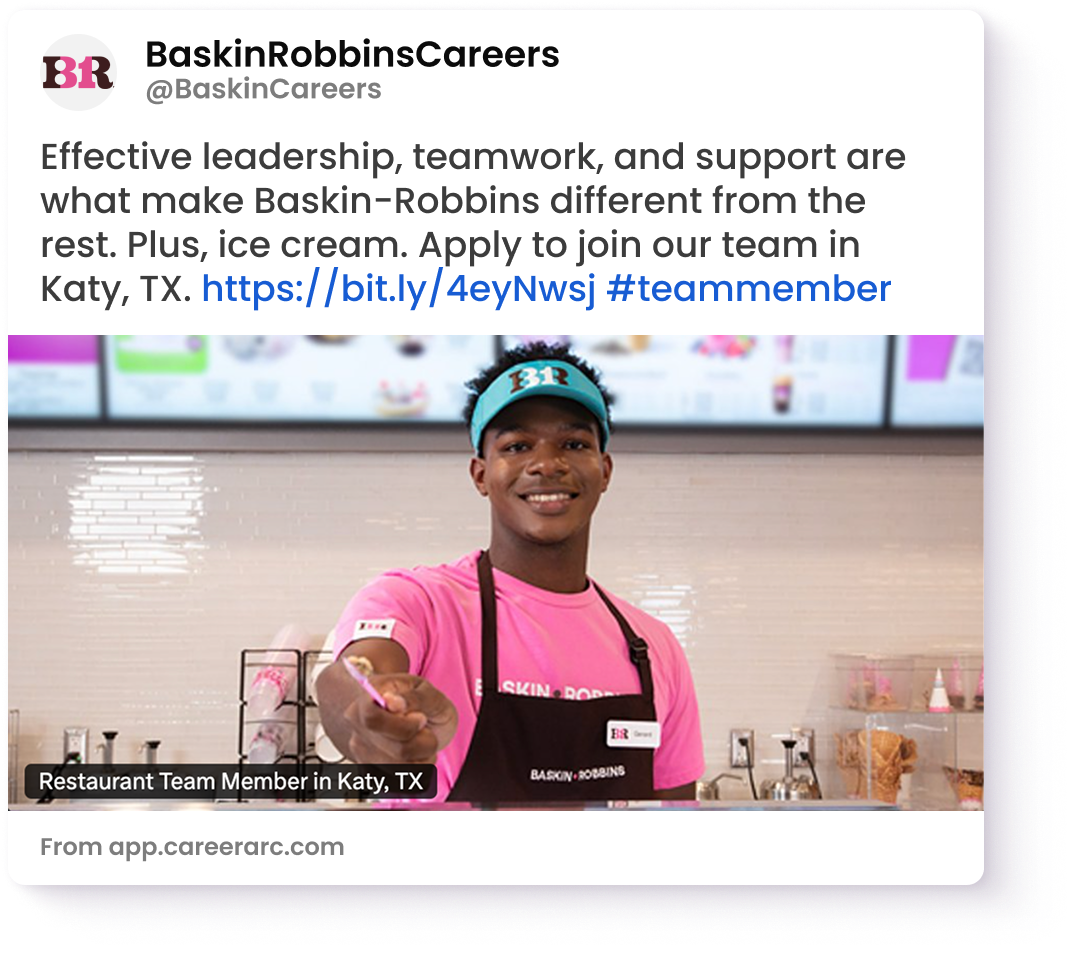 Baskin Robbins Careers social post that speaks to the values of working on the team.