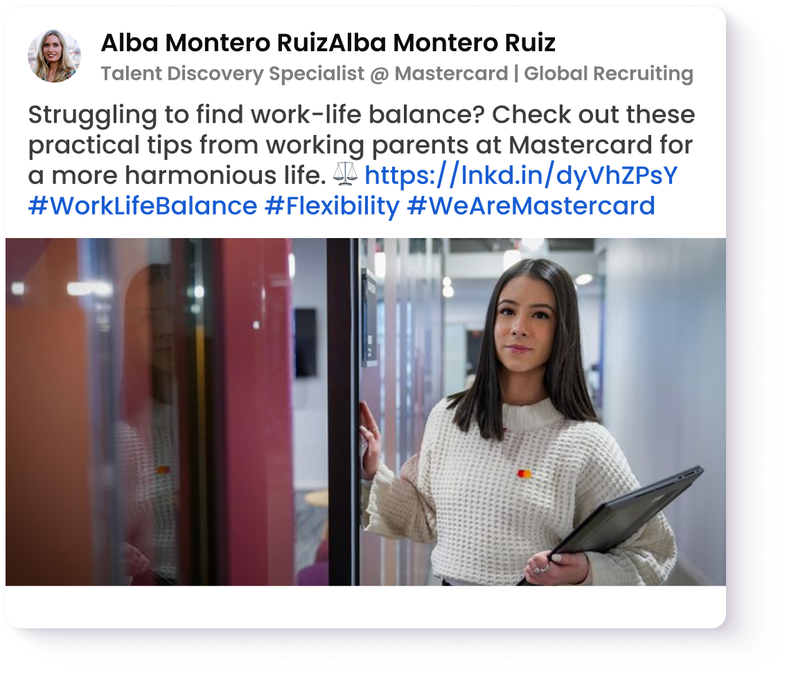 Social post from Alba Montero Ruiz promotes the work-life balance at Mastercard