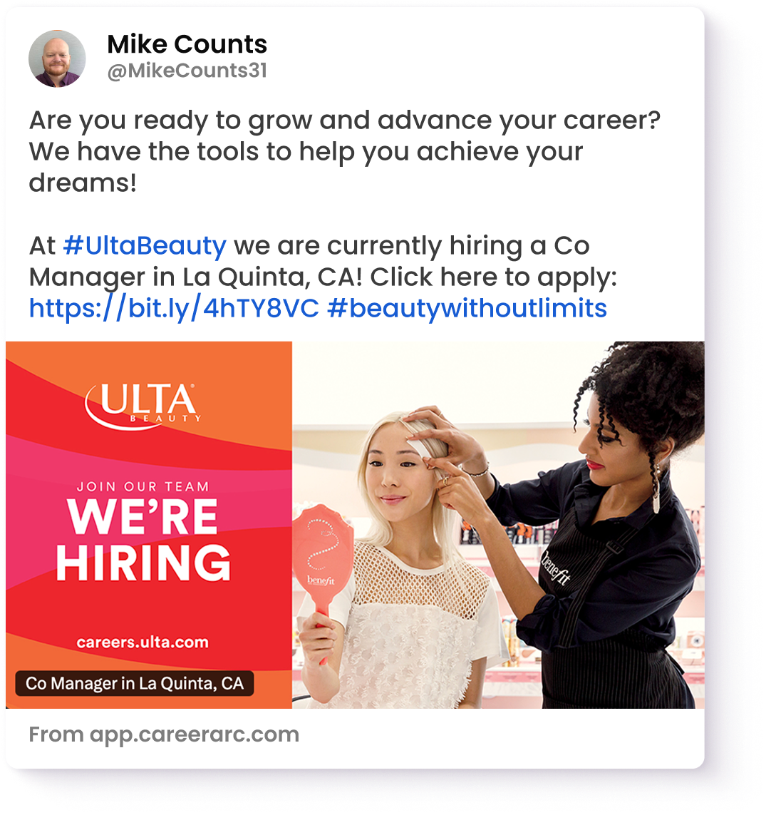 Hiring post from an employee promoting a nearby job for Ulta Beauty