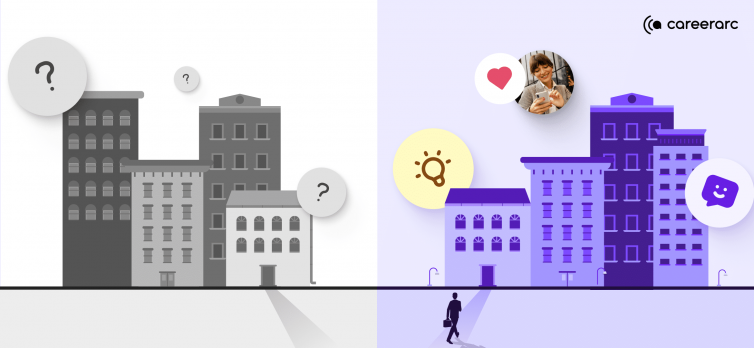 Decorative hero image depicting two companies, one with a well known employer brand and one unknown and dull.